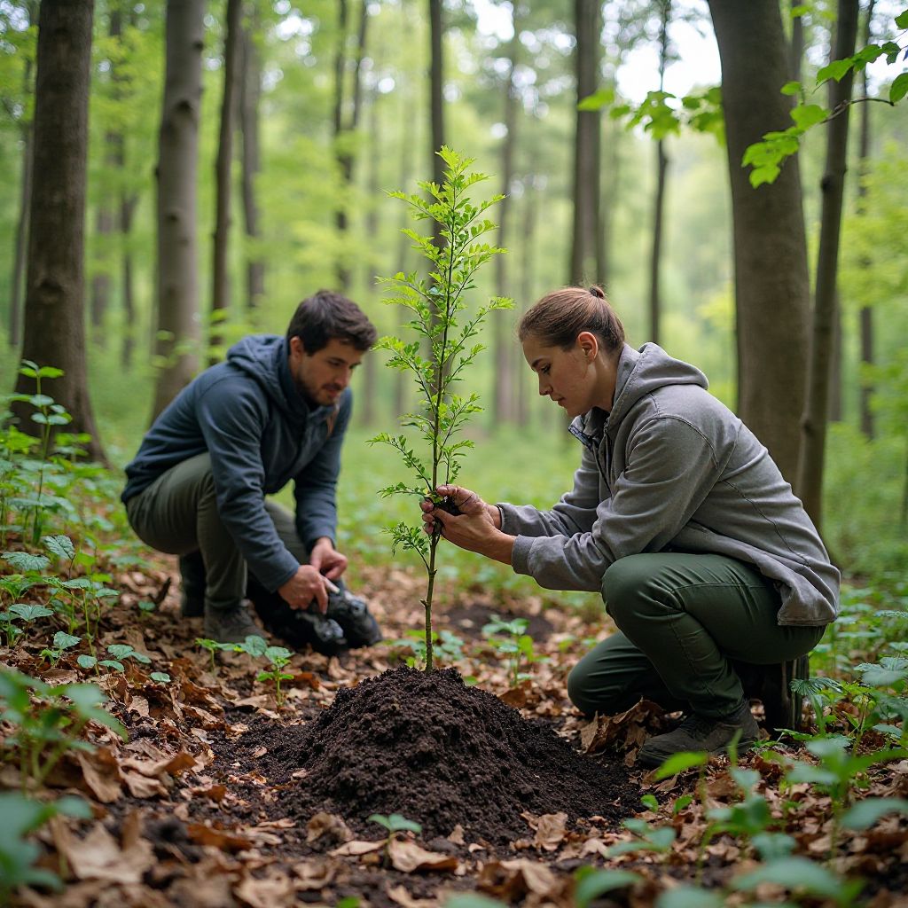 Team members planting trees in a forest